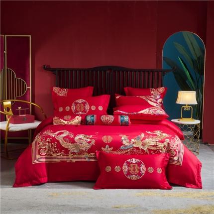 91家纺网 家纺一手货源 找家纺 红番天 新款13372全工艺喷气全棉刺绣婚庆四件套多件套情投意合