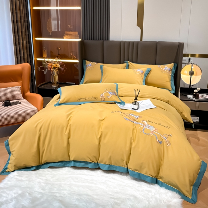 91家纺网 家纺一手货源 找家纺 雲归梦 2022生态磨毛绣花加厚四件套（直播爆款）爱丁堡-黄