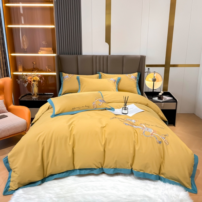 91家纺网 家纺一手货源 找家纺 雲归梦 2022生态磨毛绣花加厚四件套（直播爆款）爱丁堡-黄