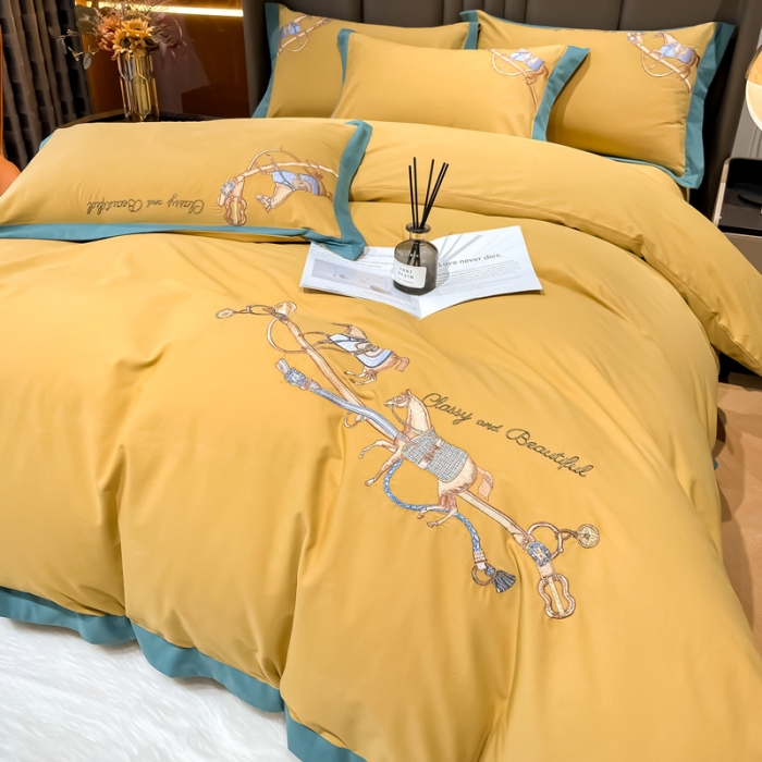 91家纺网 家纺一手货源 找家纺 雲归梦 2022生态磨毛绣花加厚四件套（直播爆款）爱丁堡-黄