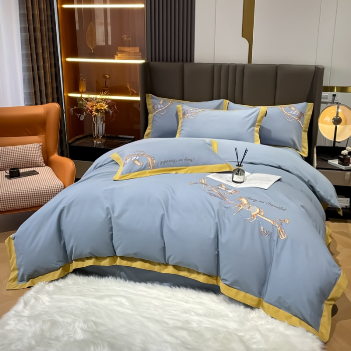 91家纺网 家纺一手货源 找家纺 雲归梦 2022生态磨毛绣花加厚四件套（直播爆款）爱丁堡-蓝