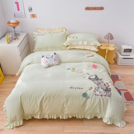 91家纺网 家纺一手货源 找家纺 凡客 新款全棉色织水洗棉贴布绣花边四件套 快乐萌猫-本白