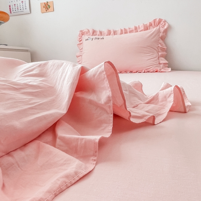 91家纺网 家纺一手货源 找家纺 凡客 新款全棉色织水洗棉贴布绣花边四件套 快乐萌猫-粉