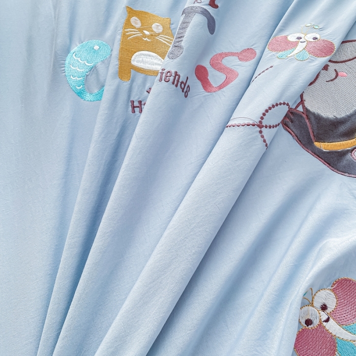 91家纺网 家纺一手货源 找家纺 凡客 新款全棉色织水洗棉贴布绣花边四件套 快乐萌猫-蓝