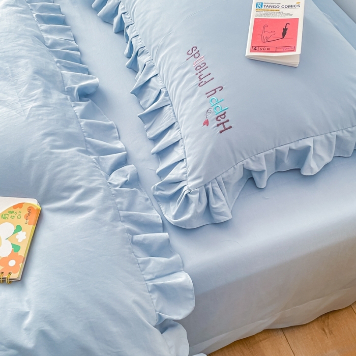 91家纺网 家纺一手货源 找家纺 凡客 新款全棉色织水洗棉贴布绣花边四件套 快乐萌猫-蓝