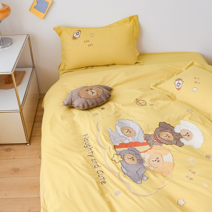 91家纺网 家纺一手货源 找家纺 凡客 2022新款全棉色织水洗棉贴布绣花边四件套 太空战队