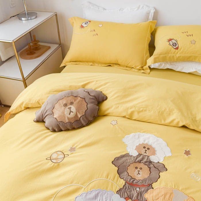 91家纺网 家纺一手货源 找家纺 凡客 2022新款全棉色织水洗棉贴布绣花边四件套 太空战队