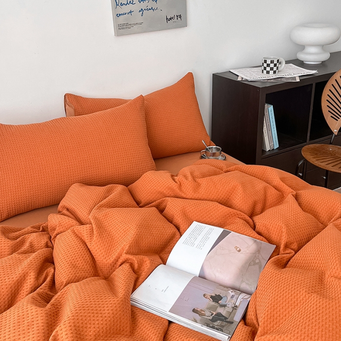 91家纺网 家纺一手货源 找家纺 雅居纺家纺 2022新款全棉华夫格普通款四件套 焦糖