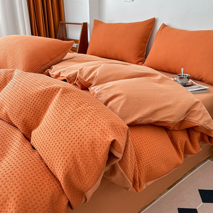 91家纺网 家纺一手货源 找家纺 雅居纺家纺 2022新款全棉华夫格普通款四件套 焦糖