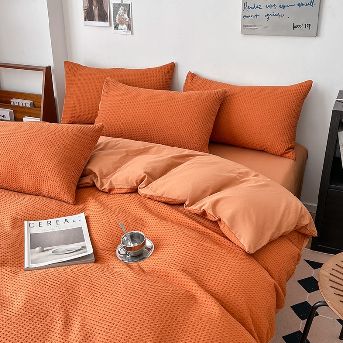 91家纺网 家纺一手货源 找家纺 雅居纺家纺 2022新款全棉华夫格普通款四件套 焦糖