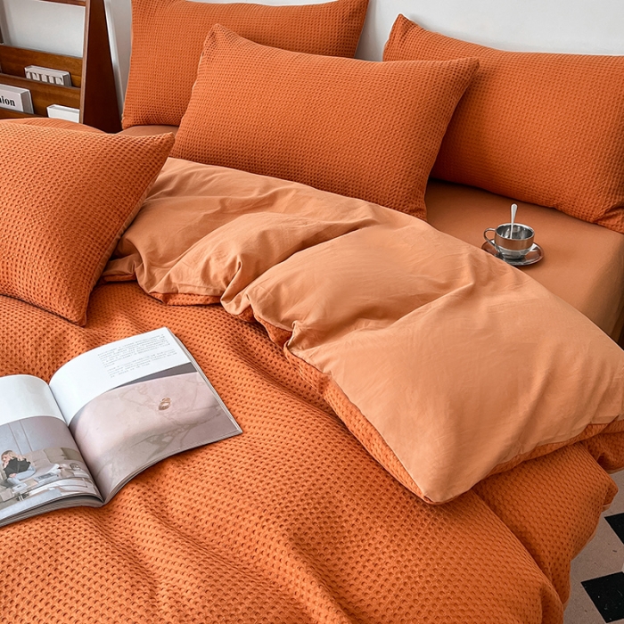 91家纺网 家纺一手货源 找家纺 雅居纺家纺 2022新款全棉华夫格普通款四件套 焦糖