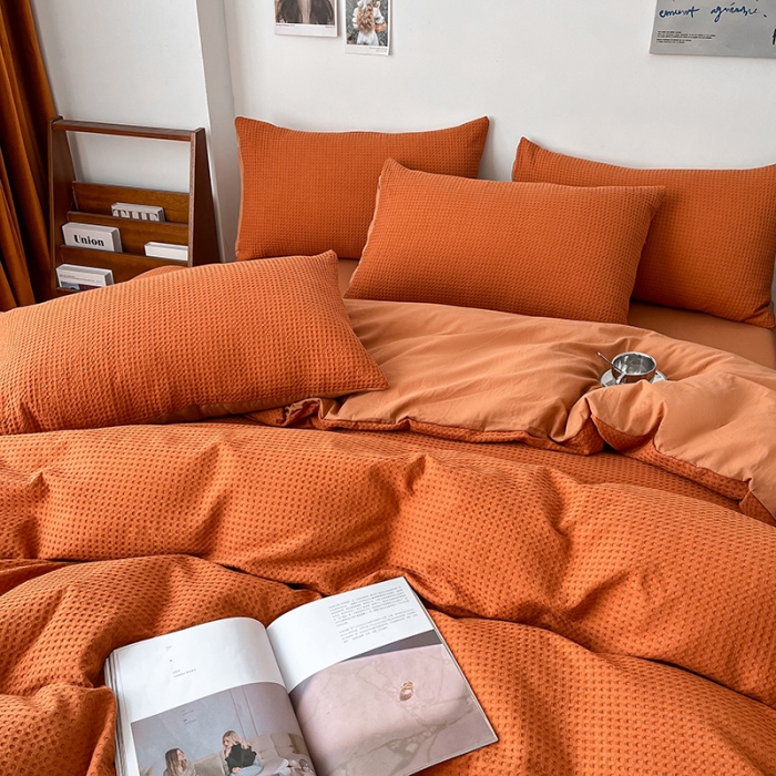 91家纺网 家纺一手货源 找家纺 雅居纺家纺 2022新款全棉华夫格普通款四件套 焦糖