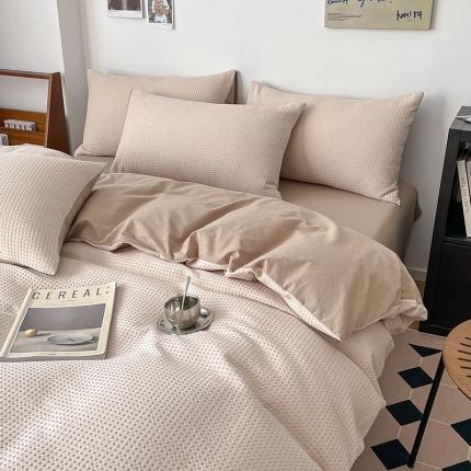 雅居纺家纺 2022新款全棉华夫格普通款四件套 米驼