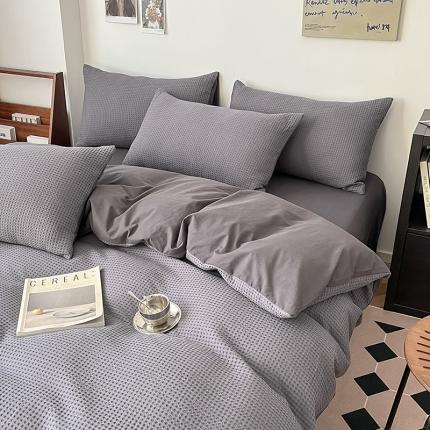 雅居纺家纺 2022新款全棉华夫格普通款四件套 深灰
