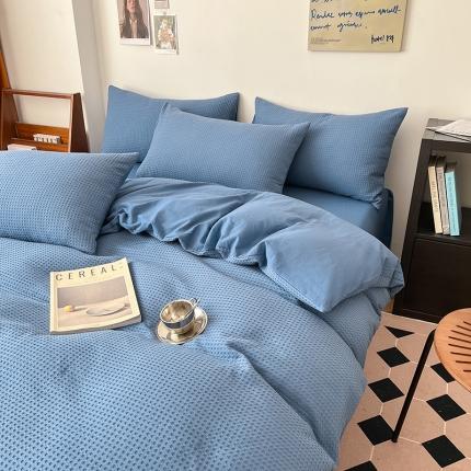 雅居纺家纺 2022新款全棉华夫格普通款四件套 雾蓝