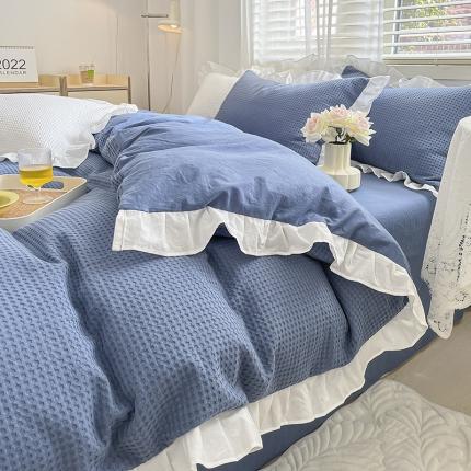 91家纺网 家纺一手货源 找家纺 雅居纺家纺 2022新款华夫格花边款四件套 梦幻蓝