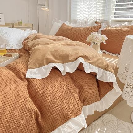 91家纺网 家纺一手货源 找家纺 雅居纺家纺 2022新款华夫格花边款四件套 橙色