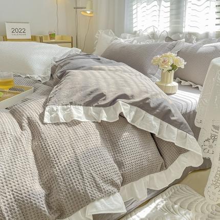 91家纺网 家纺一手货源 找家纺 雅居纺家纺 2022新款华夫格花边款四件套 浅灰