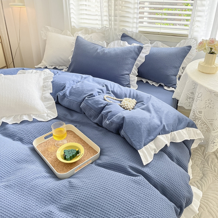 91家纺网 家纺一手货源 找家纺 雅居纺家纺 2022新款华夫格花边款四件套 梦幻蓝