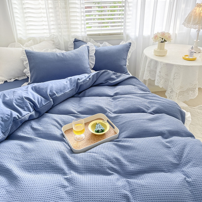 91家纺网 家纺一手货源 找家纺 雅居纺家纺 2022新款华夫格花边款四件套 梦幻蓝