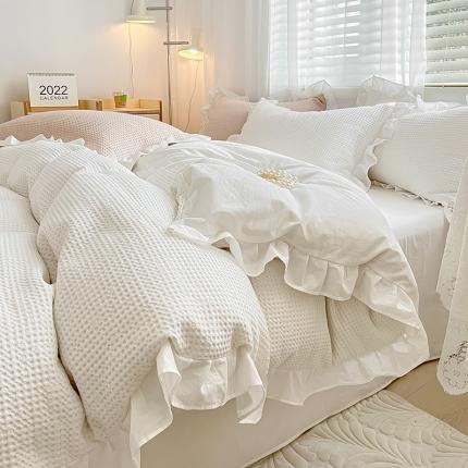雅居纺家纺 2022新款华夫格花边款四件套 纯白