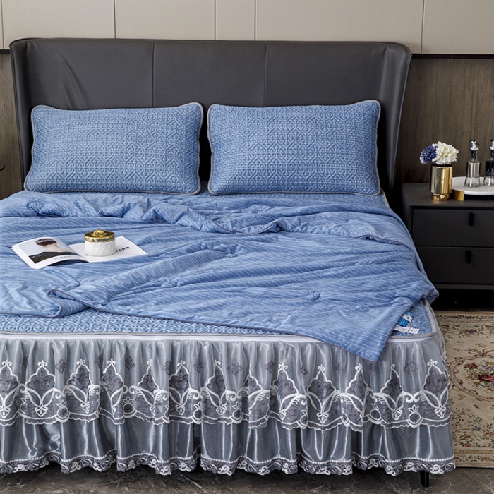 91家纺网 家纺一手货源 找家纺 (总)纽缦 2022新款凉感丝乳胶凉席纯色夏被床裙四件套