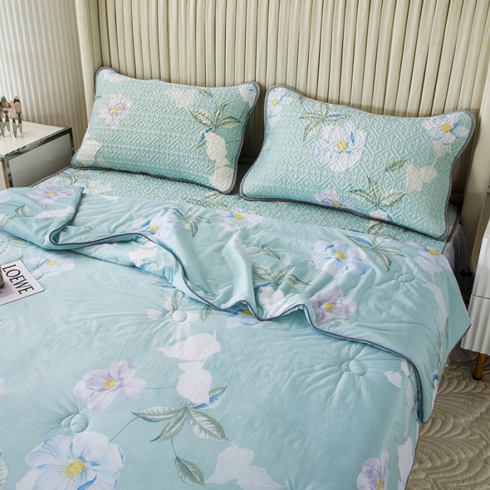 91家纺网 家纺一手货源 找家纺 纽缦 2022新款凉感丝乳胶凉席花卉夏被床裙四件套 春晓绿