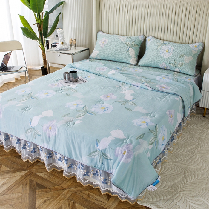 91家纺网 家纺一手货源 找家纺 纽缦 2022新款凉感丝乳胶凉席花卉夏被床裙四件套 春晓绿
