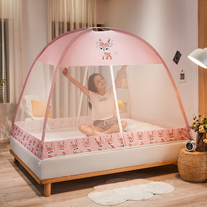 91家纺网 家纺一手货源 找家纺 爱洛 2022新款卡通印花防尘蚊帐系列 梅花鹿-粉