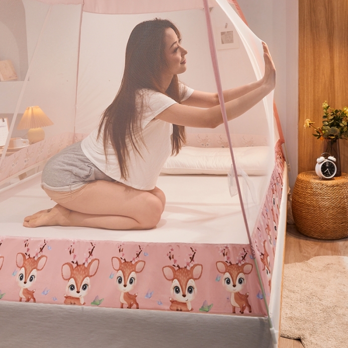 91家纺网 家纺一手货源 找家纺 爱洛 2022新款卡通印花防尘蚊帐系列 梅花鹿-粉