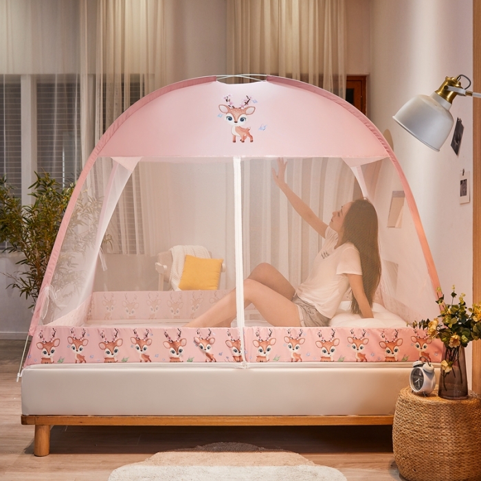 91家纺网 家纺一手货源 找家纺 爱洛 2022新款卡通印花防尘蚊帐系列 梅花鹿-粉