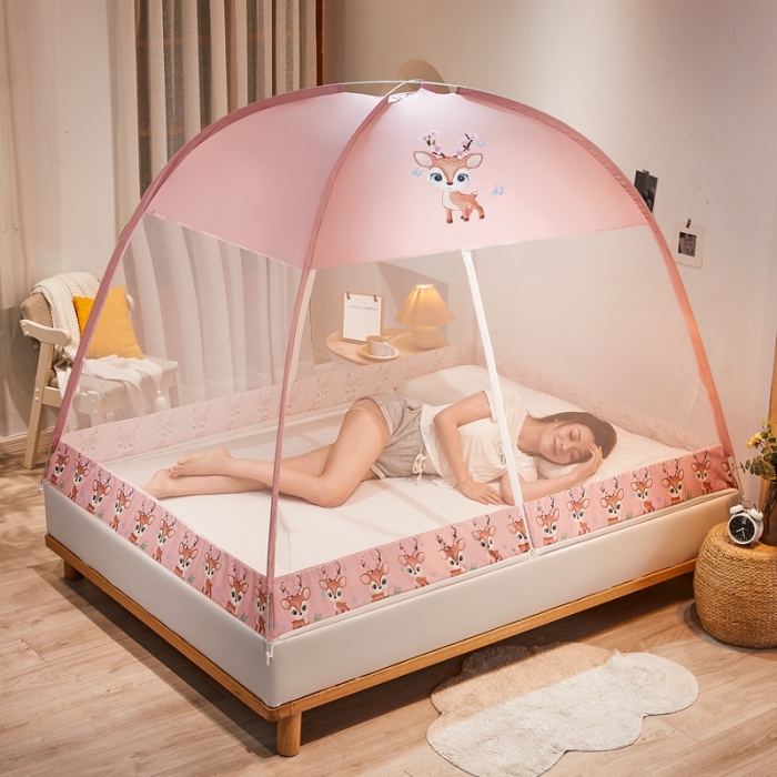 91家纺网 家纺一手货源 找家纺 爱洛 2022新款卡通印花防尘蚊帐系列 梅花鹿-粉