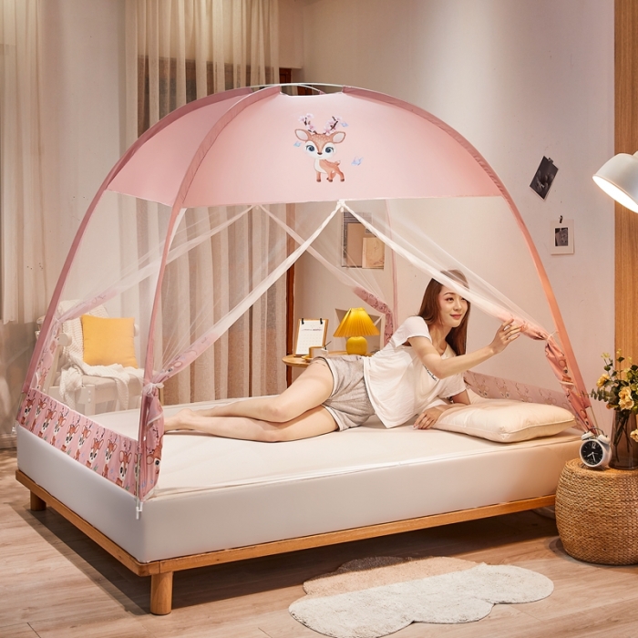 91家纺网 家纺一手货源 找家纺 爱洛 2022新款卡通印花防尘蚊帐系列 梅花鹿-粉