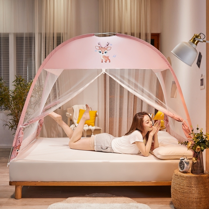 91家纺网 家纺一手货源 找家纺 爱洛 2022新款卡通印花防尘蚊帐系列 梅花鹿-粉