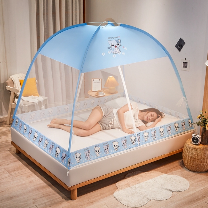 91家纺网 家纺一手货源 找家纺 爱洛 2022新款卡通印花防尘蚊帐系列 小猫咪-蓝