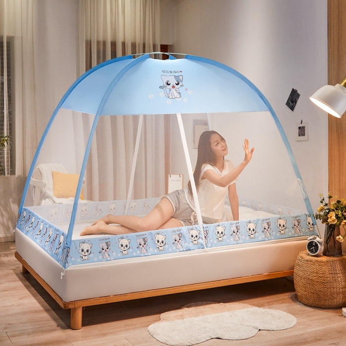 91家纺网 家纺一手货源 找家纺 爱洛 2022新款卡通印花防尘蚊帐系列 小猫咪-蓝