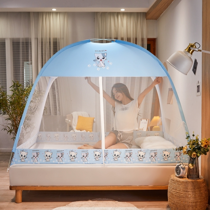 91家纺网 家纺一手货源 找家纺 爱洛 2022新款卡通印花防尘蚊帐系列 小猫咪-蓝