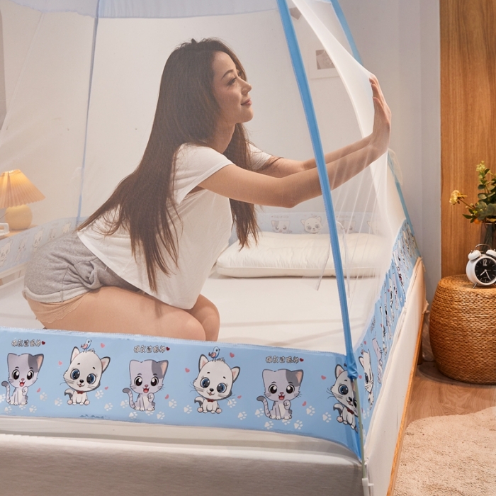 91家纺网 家纺一手货源 找家纺 爱洛 2022新款卡通印花防尘蚊帐系列 小猫咪-蓝