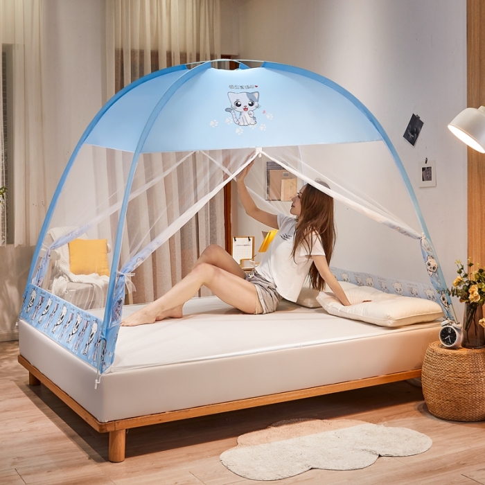 91家纺网 家纺一手货源 找家纺 爱洛 2022新款卡通印花防尘蚊帐系列 小猫咪-蓝