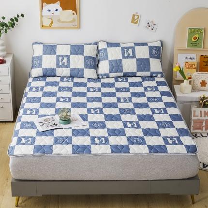 91家纺网 家纺一手货源 找家纺 纽缦 2022新款凉感丝乳胶凉席卡通系列床单款  棋盘格蓝