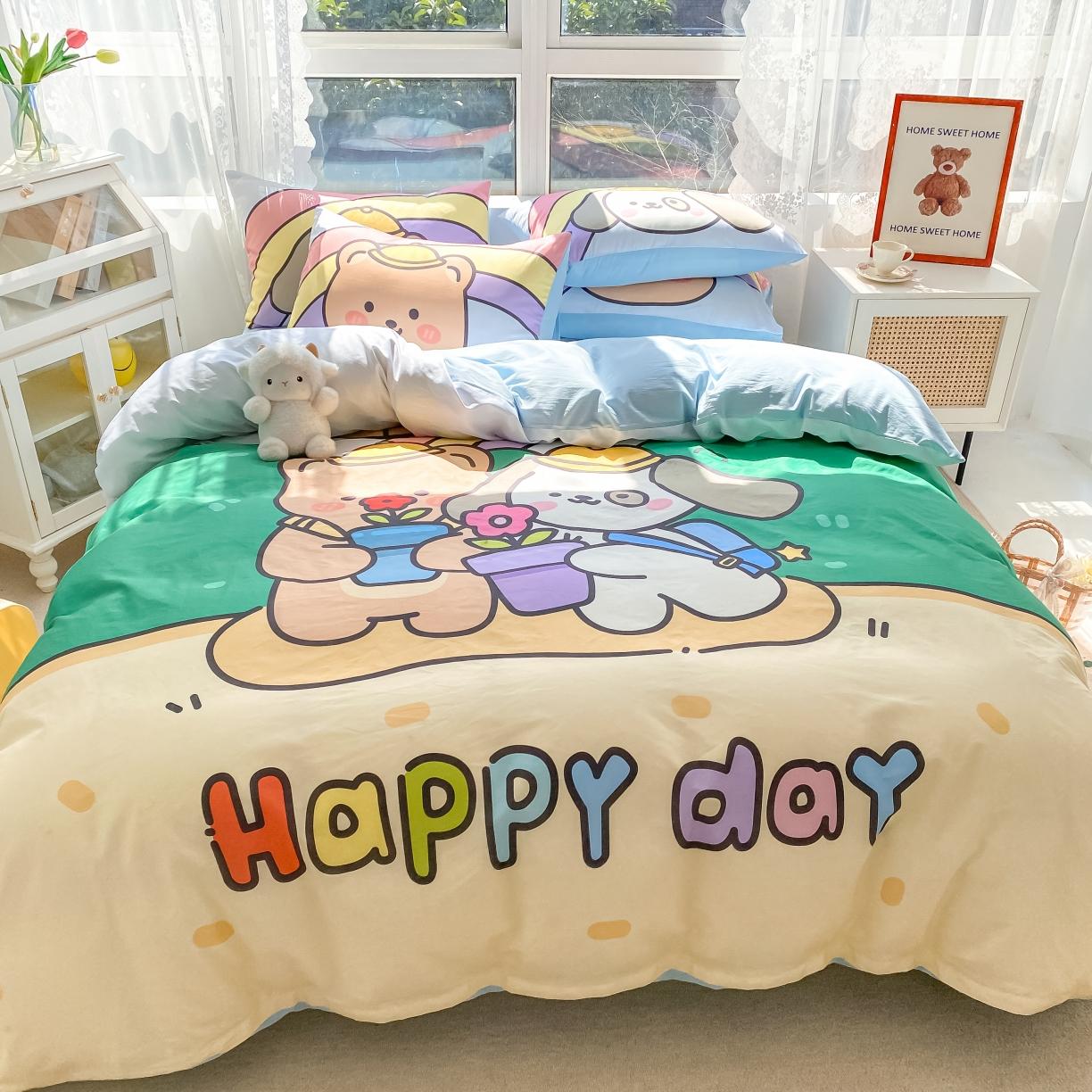 91家纺网 家纺一手货源 找家纺 星期八 2022新款二次元水洗棉四件套 happy day