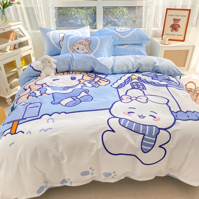 91家纺网 家纺一手货源 找家纺 星期八 2022新款二次元水洗棉四件套 雪屋女孩