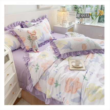 91家纺网 家纺一手货源 找家纺 (总)吾欢心 2024新款茶萃棉韩版花边夏被四件套