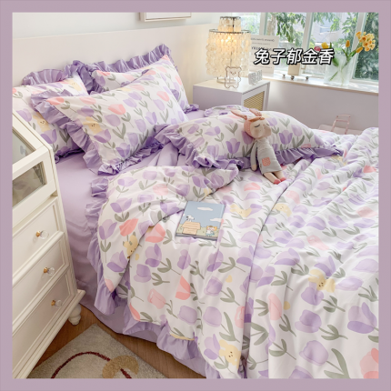 91家纺网 家纺一手货源 找家纺 (总)吾欢心 2024新款茶萃棉韩版花边夏被四件套