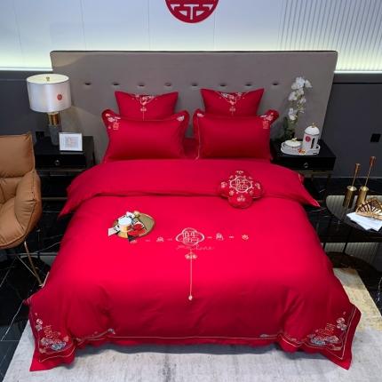 91家纺网 家纺一手货源 找家纺 江涞 2022新款婚庆款双股长绒棉绣花七件套 百年好合