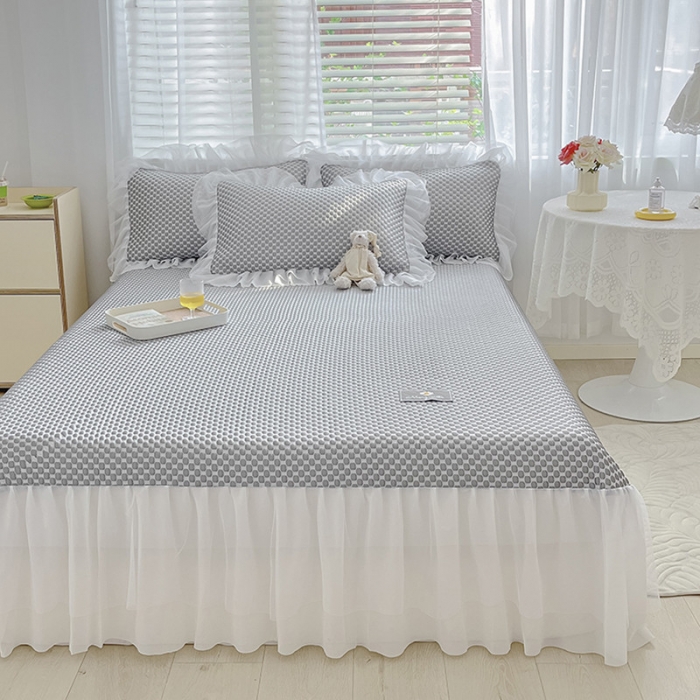 91家纺网 家纺一手货源 找家纺 眠帛家居  2022春夏爆款冰豆豆凉席床裙款 公主灰