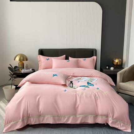 91家纺网 家纺一手货源 找家纺 眠帛家居 2022新款水洗天丝四件套蝶梦系列 蝶梦奶油粉