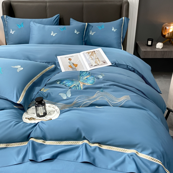 91家纺网 家纺一手货源 找家纺 眠帛家居 2022新款水洗天丝四件套蝶梦系列 蝶梦宾利兰