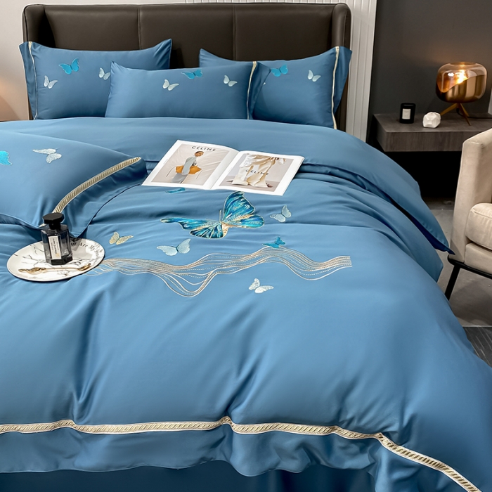 91家纺网 家纺一手货源 找家纺 眠帛家居 2022新款水洗天丝四件套蝶梦系列 蝶梦宾利兰