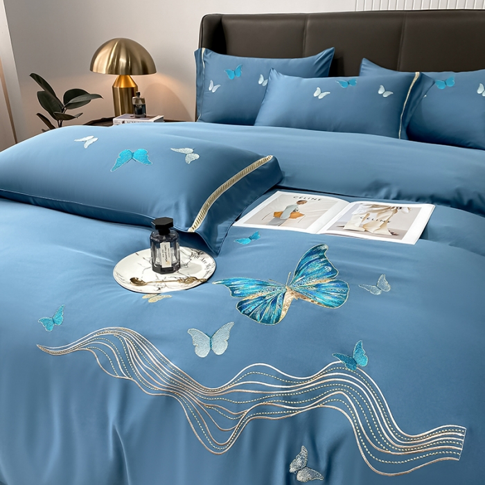 91家纺网 家纺一手货源 找家纺 眠帛家居 2022新款水洗天丝四件套蝶梦系列 蝶梦宾利兰